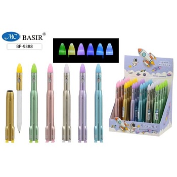 Ручка шариковая " Basir " Ракета+фонарик синяя, 0,7мм, цветной корпус, ассорти - купить в магазине Кассандра, фото, 6972544691058, 