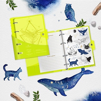 Тетрадь со см.блоком 120 л. кл. NEON. YELLOW А5 пластик обл. на кольцах с наклейками - купить в магазине Кассандра, фото, 4602723124306, 