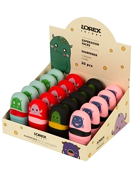 Точилка LOREX KIDS EXPRESSION FACES с контейнером и ластиком ассорти, корпус пластик 1 отвер. в дисплее индив. - купить в магазине Кассандра, фото, 4602723177623, 