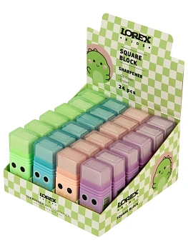 Точилка LOREX KIDS SQUARE BLOCK с контейнером и ластиком ассорти, корпус пластик 1 отвер. в дисплее индив.штри - купить в магазине Кассандра, фото, 4602723178071, 